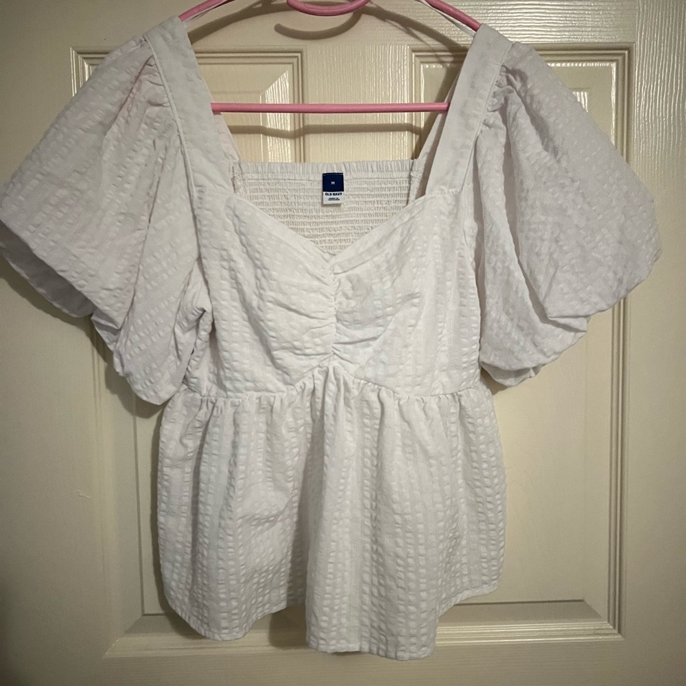 Old Navy White Ruched Puff Sleeve Blouse